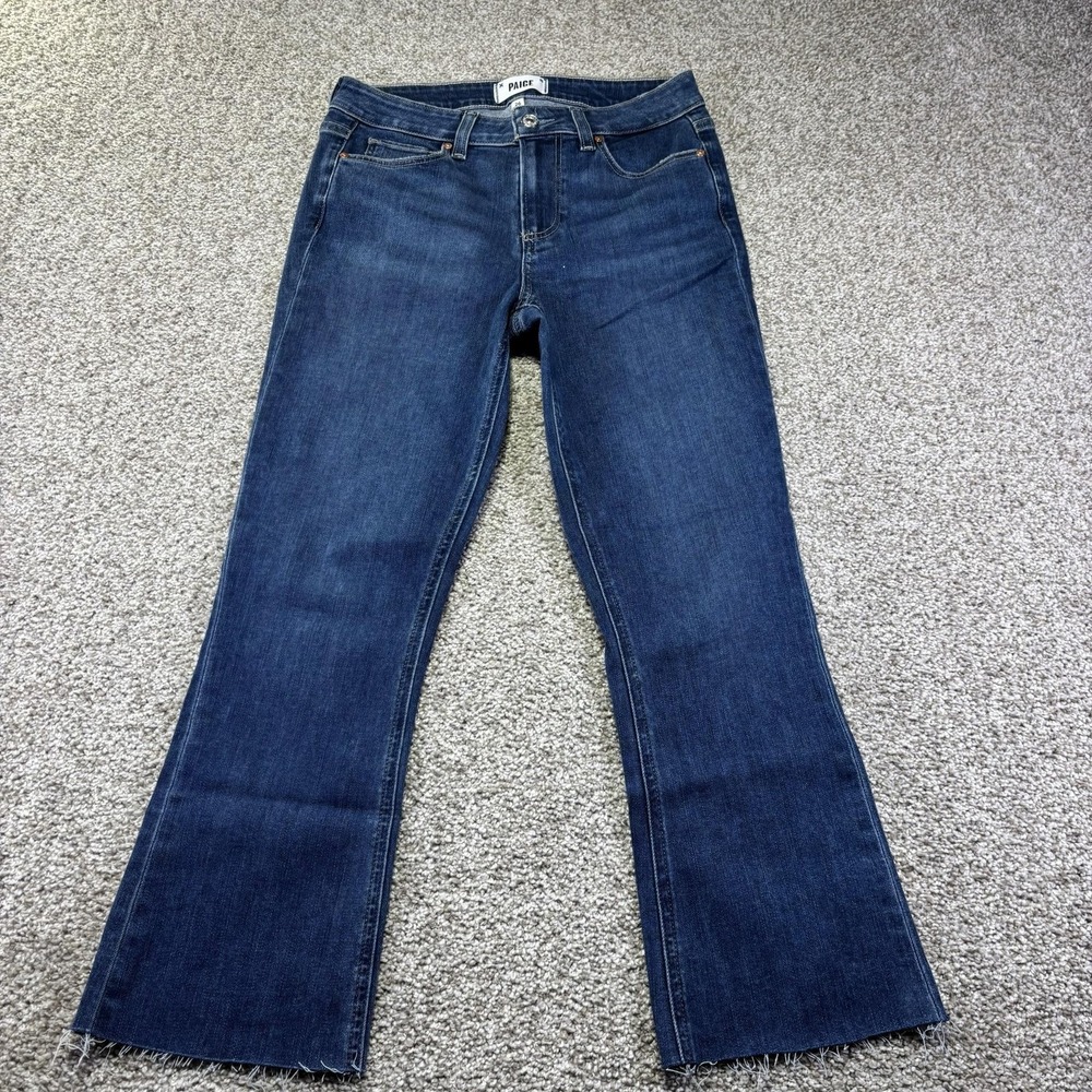 Paige Colette Crop Flare Jeans Womens 26 Blue Medium Wash High Rise Raw Hem
